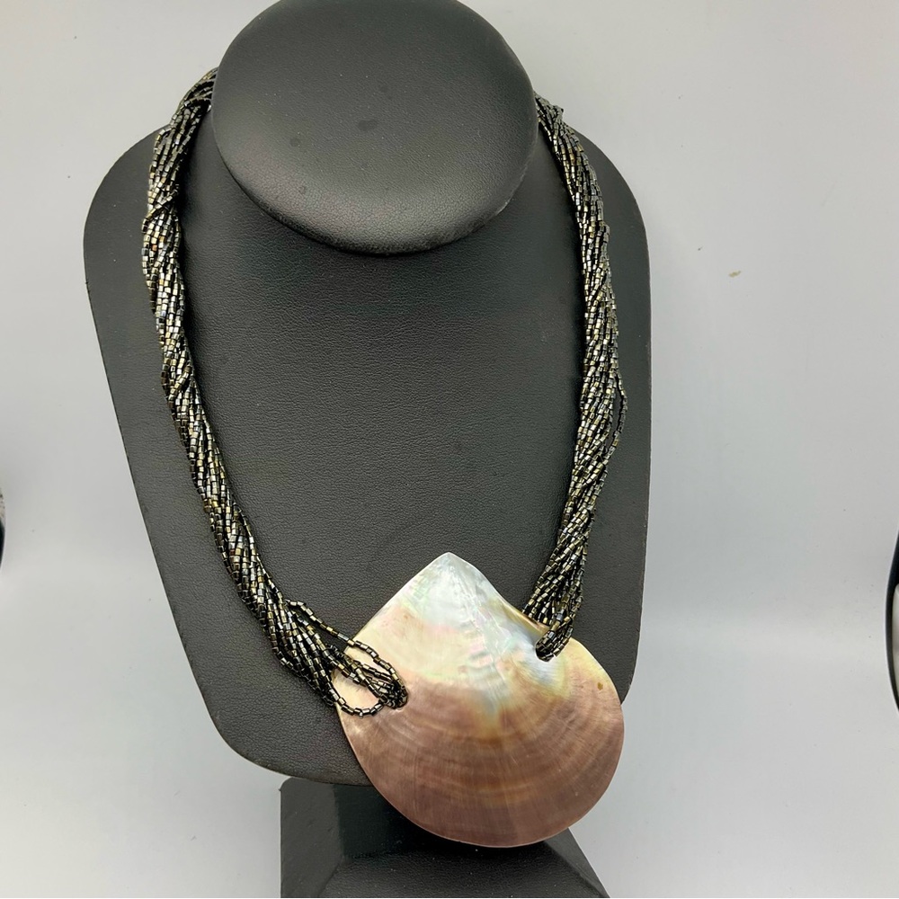 Vintage Hawaiian Huge Shell Pendant Iridescent Seed  Bead  Multi-strand Necklace